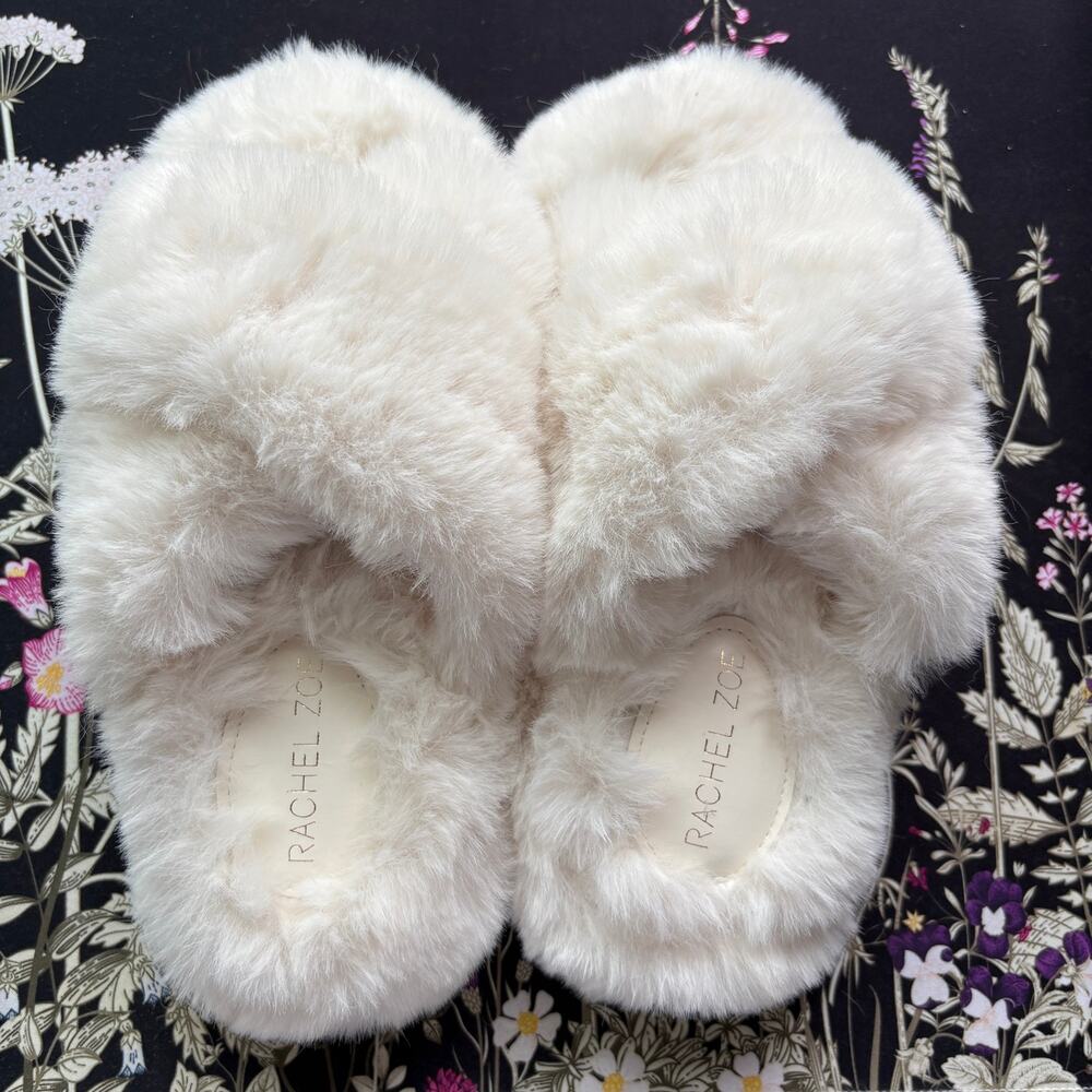 Rachel Zoe White Fuzzy Open Toe Slippers - Women’s Size 5/6